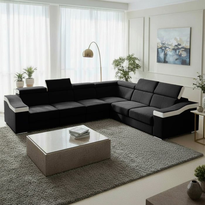 LUCKY Canapé d’angle convertible réversible en tissu noir et simili blanc