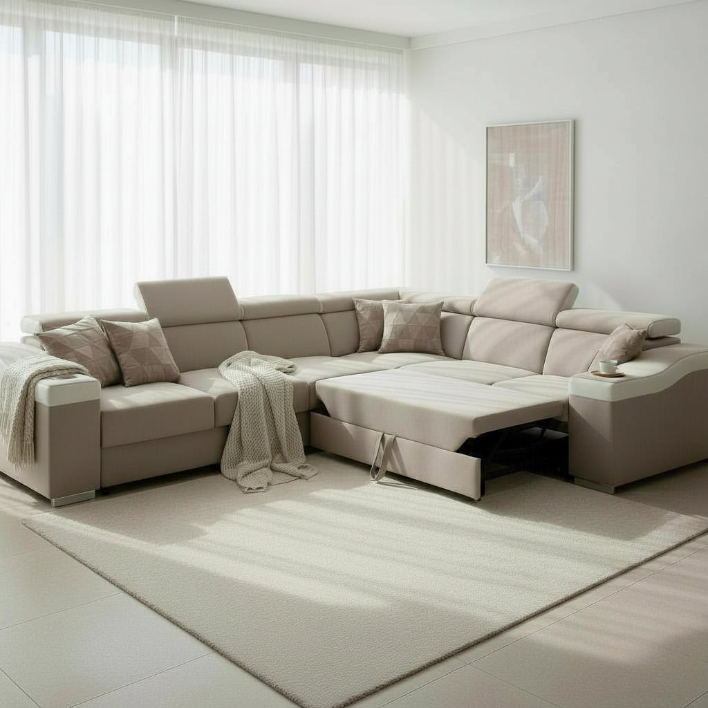 LUCKY Canapé d’angle convertible réversible en tissu velours beige et simili cuir blanc - Canapé d'angle convertible - Mobilier Deco