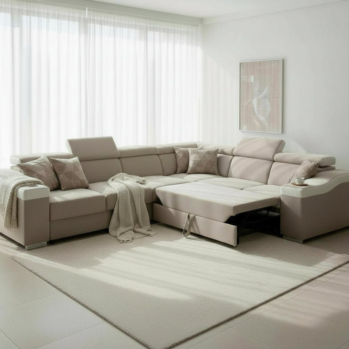 LUCKY Canapé d’angle convertible réversible en tissu velours beige et simili cuir blanc