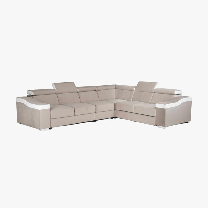 LUCKY Canapé d’angle convertible réversible en tissu velours beige et simili cuir blanc
