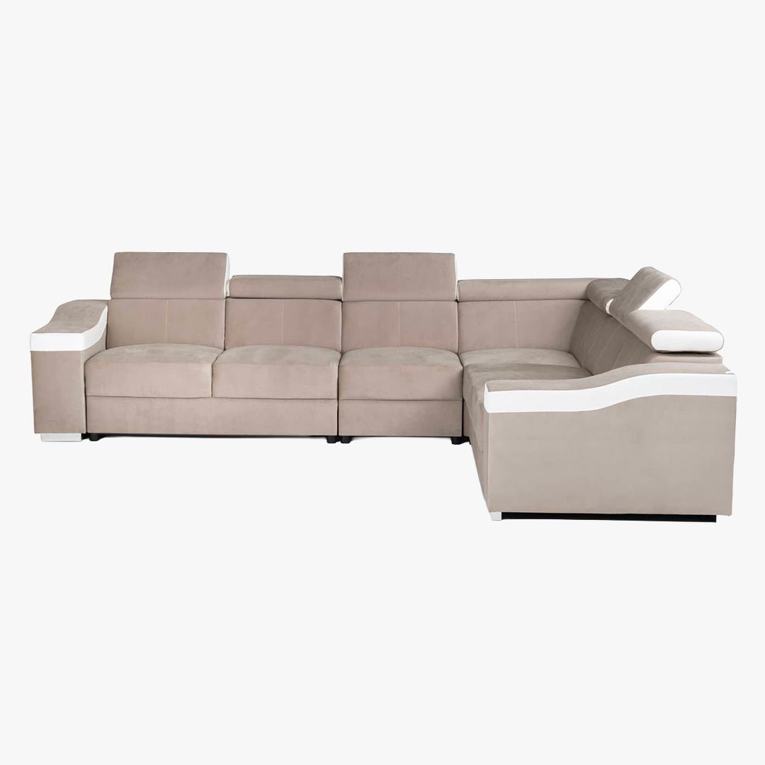 LUCKY Canapé d’angle convertible réversible en tissu velours beige et simili cuir blanc - Canapé d'angle convertible - Mobilier Deco