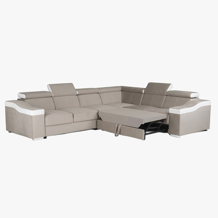 LUCKY Canapé d’angle convertible réversible en tissu velours beige et simili cuir blanc