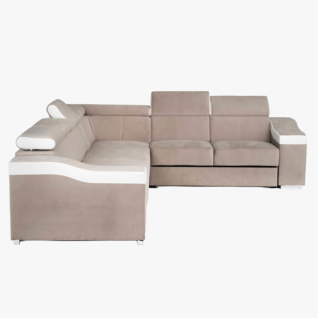 LUCKY Canapé d’angle convertible réversible en tissu velours beige et simili cuir blanc - Canapé d'angle convertible - Mobilier Deco