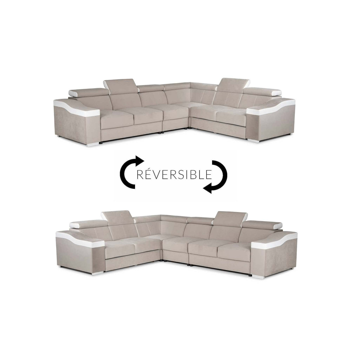 LUCKY Canapé d’angle convertible réversible en tissu velours beige et simili cuir blanc - Canapé d'angle convertible - Mobilier Deco