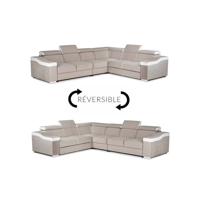 LUCKY Canapé d’angle convertible réversible en tissu velours beige et simili cuir blanc