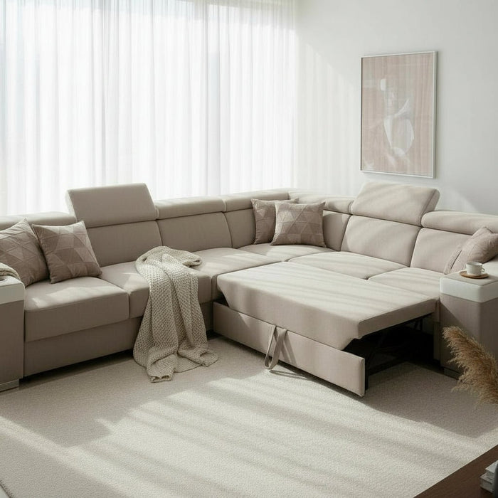 LUCKY Canapé d’angle convertible réversible en tissu velours beige et simili cuir blanc