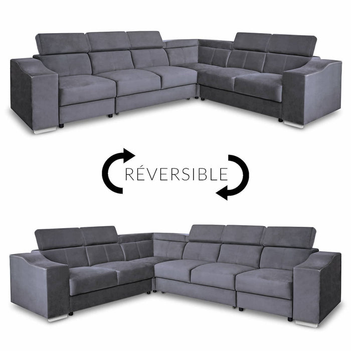 LUCKY Canapé d’angle convertible réversible en tissu velours gris