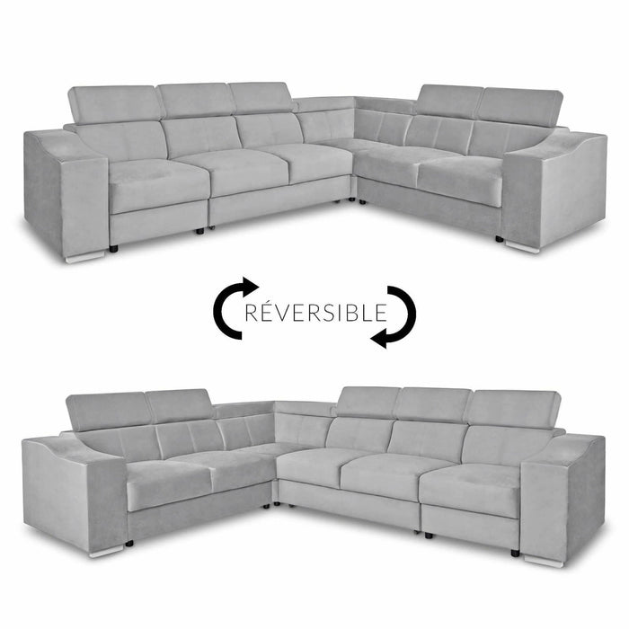 LUCKY Canapé d’angle convertible réversible en tissu velours gris clair