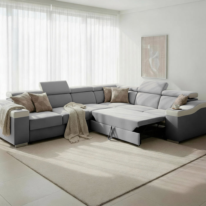 LUCKY Canapé d’angle convertible réversible en tissu velours gris clair et simili cuir blanc