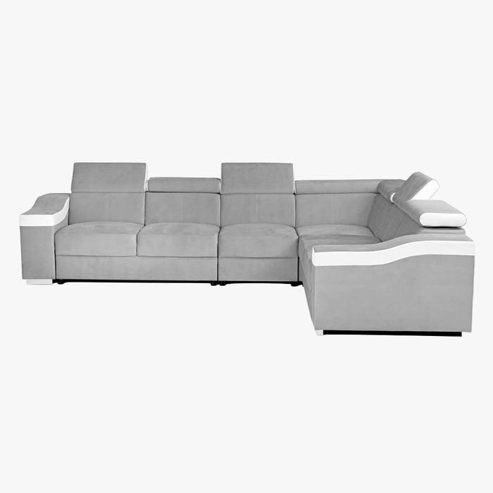 LUCKY Canapé d’angle convertible réversible en tissu velours gris clair et simili cuir blanc