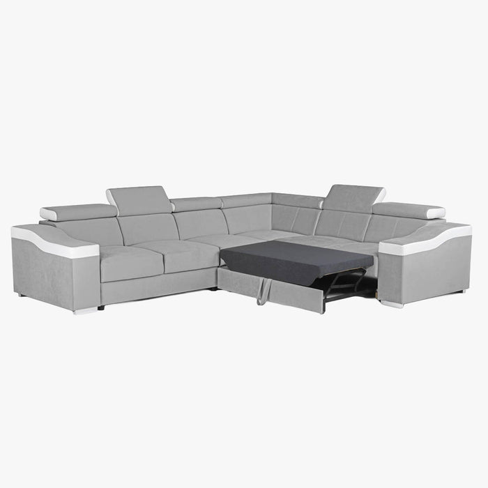 LUCKY Canapé d’angle convertible réversible en tissu velours gris clair et simili cuir blanc