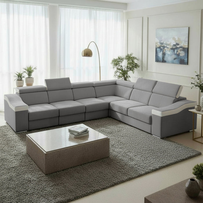 LUCKY Canapé d’angle convertible réversible en tissu velours gris clair et simili cuir blanc