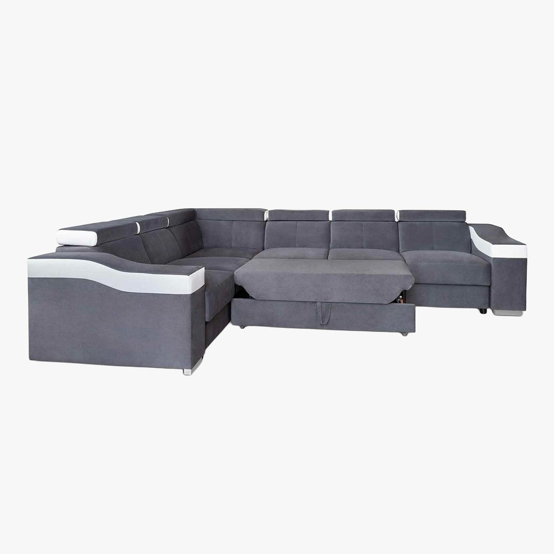 LUCKY Canapé d’angle convertible réversible en tissu velours gris et simili cuir blanc - Canapé d'angle convertible - Mobilier Deco