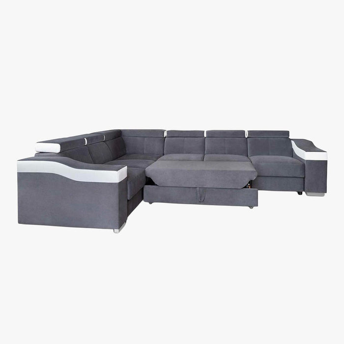 LUCKY Canapé d’angle convertible réversible en tissu velours gris et simili cuir blanc
