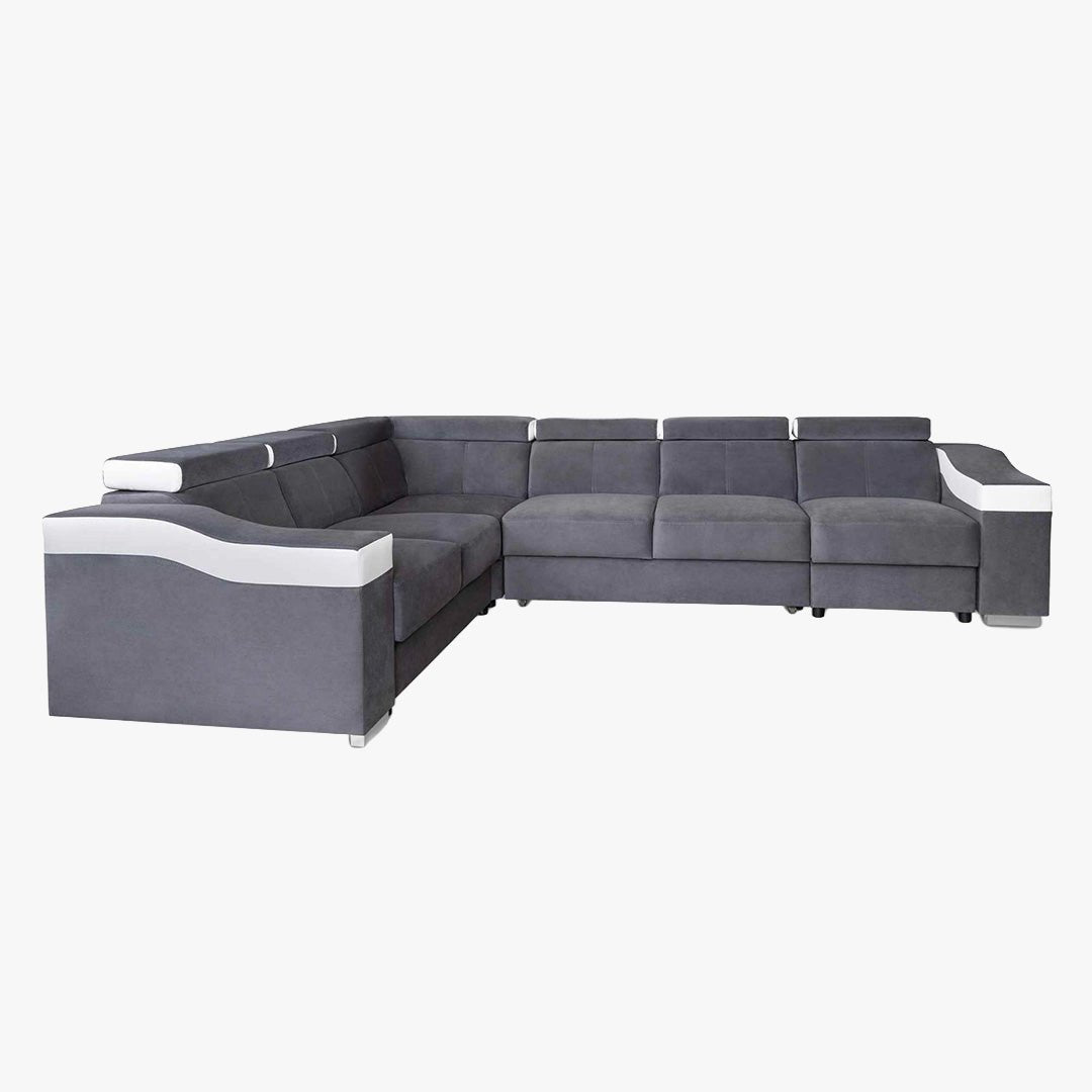 LUCKY Canapé d’angle convertible réversible en tissu velours gris et simili cuir blanc - Canapé d'angle convertible - Mobilier Deco