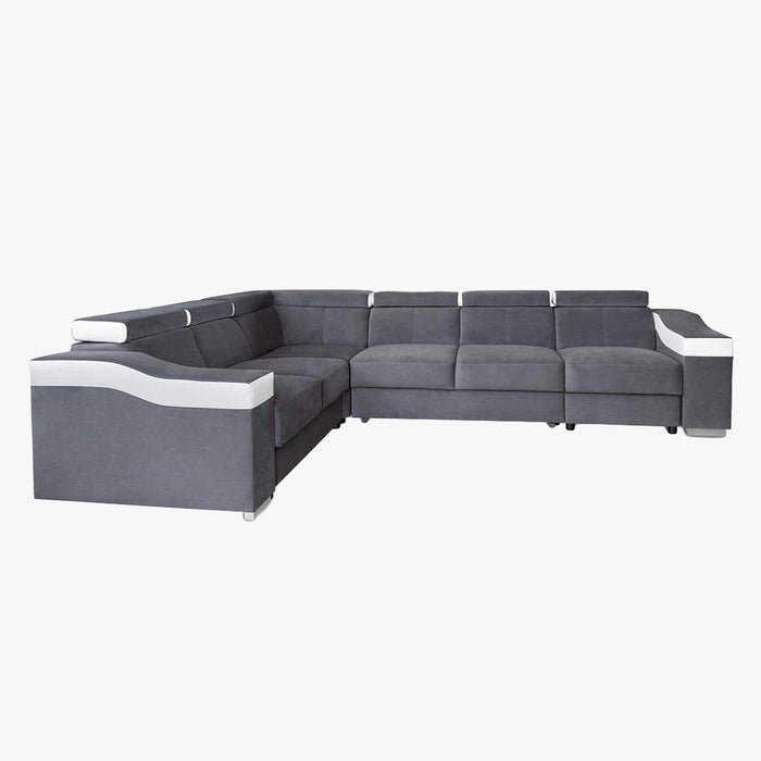 LUCKY Canapé d’angle convertible réversible en tissu velours gris et simili cuir blanc