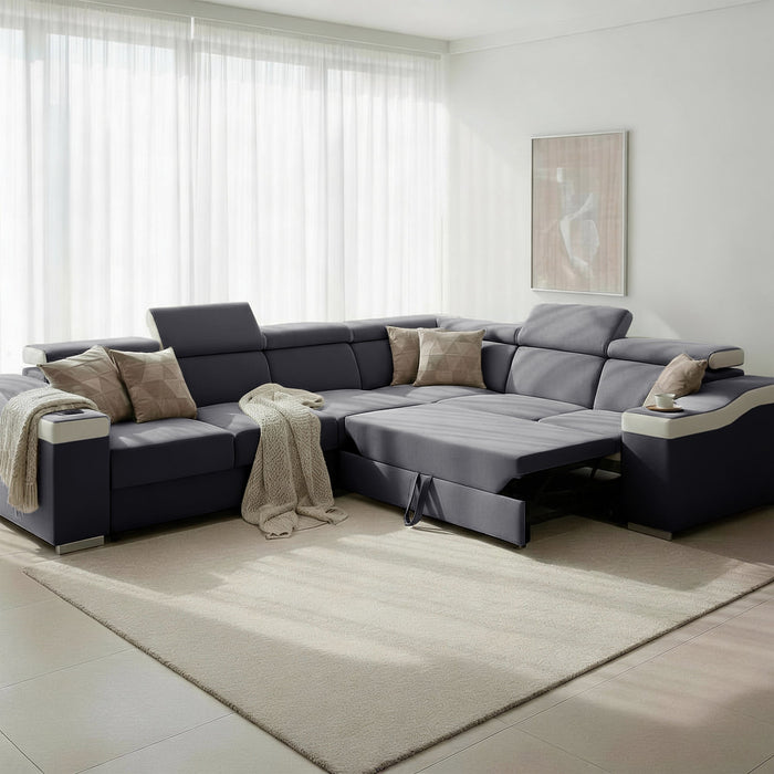 LUCKY Canapé d’angle convertible réversible en tissu velours gris et simili cuir blanc