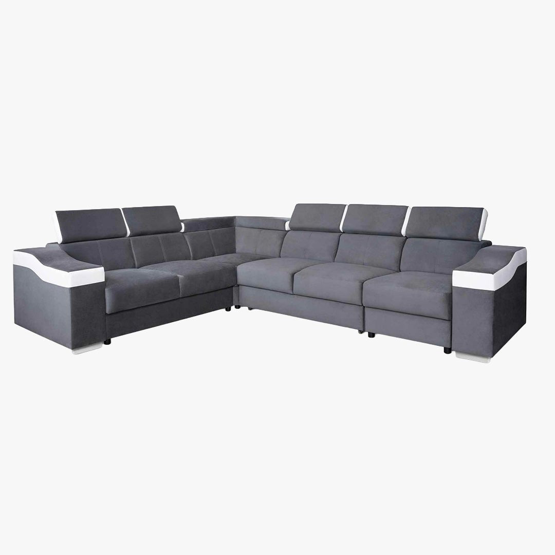 LUCKY Canapé d’angle convertible réversible en tissu velours gris et simili cuir blanc - Canapé d'angle convertible - Mobilier Deco