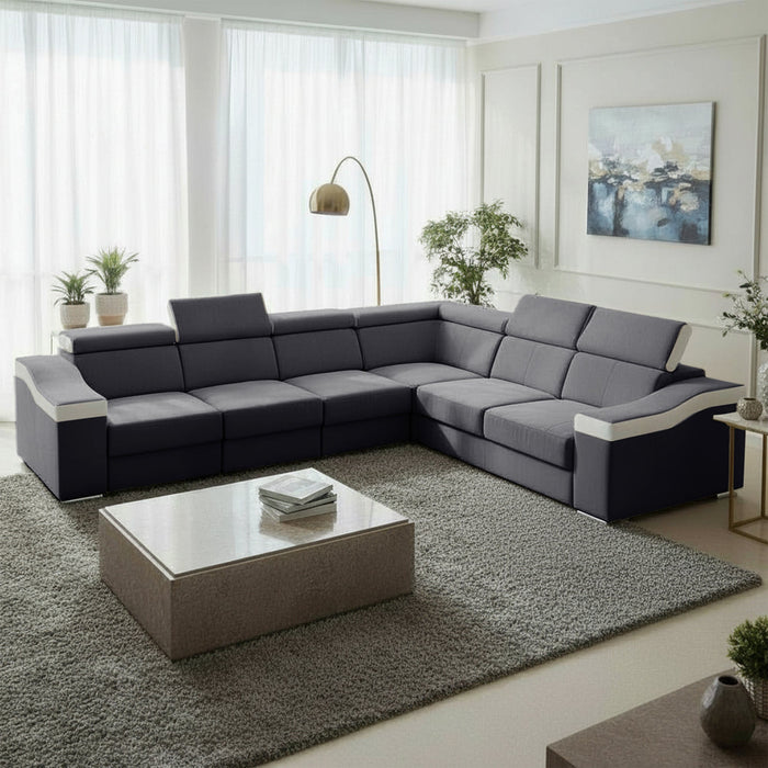 LUCKY Canapé d’angle convertible réversible en tissu velours gris et simili cuir blanc