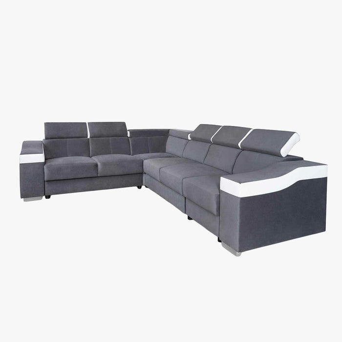 LUCKY Canapé d’angle convertible réversible en tissu velours gris et simili cuir blanc