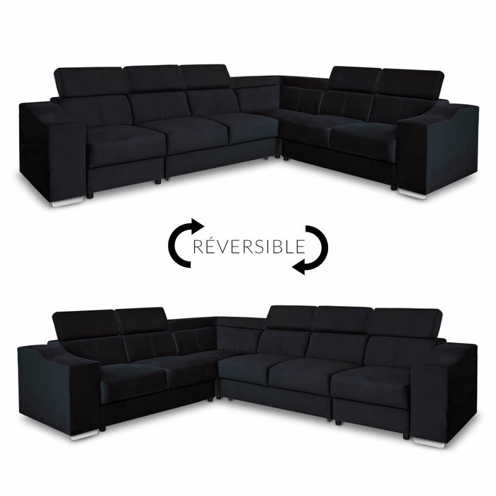 LUCKY Canapé d’angle convertible réversible en tissu velours  noir