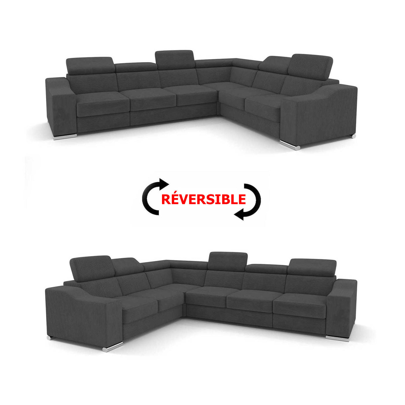 LUCKY COTELÉ Canapé d’angle convertible réversible en velours côtelé gris foncé
