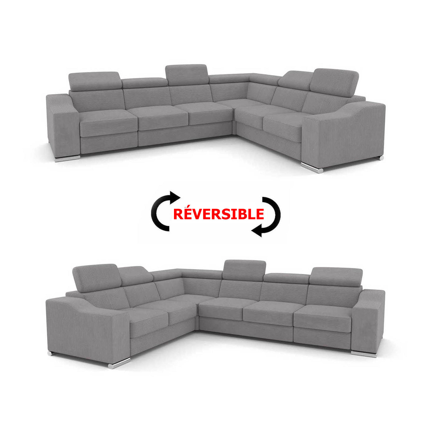 LUCKY COTELÉ Canapé d’angle convertible réversible en velours côtelé gris