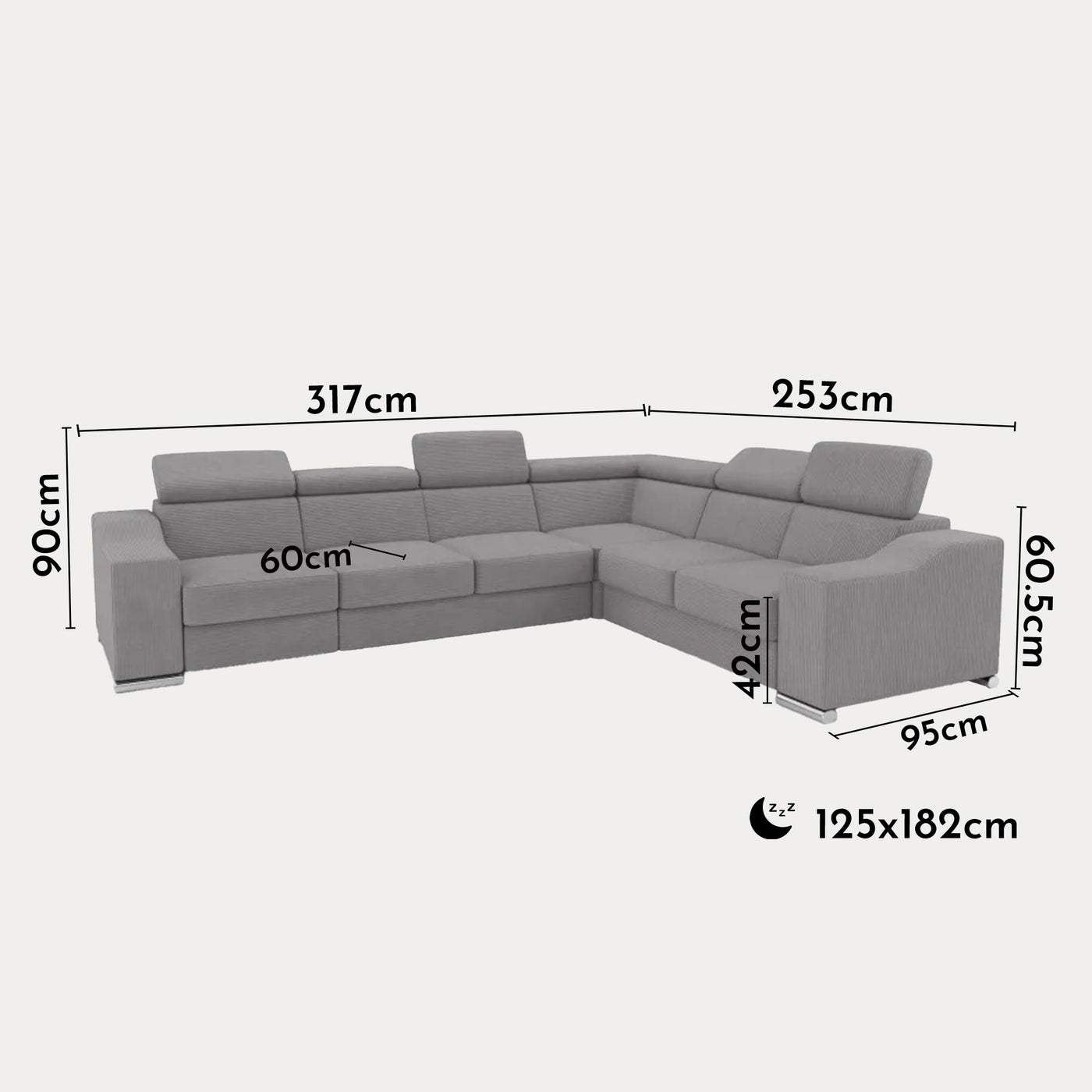 LUCKY COTELÉ Canapé d’angle convertible réversible en velours côtelé gris