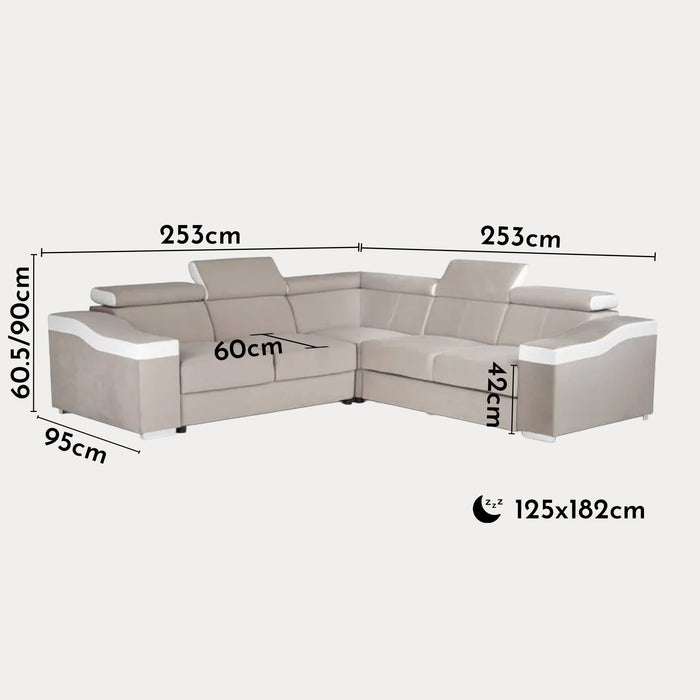 LUCKY MINI Canapé d’angle convertible réversible en velours beige et simili cuir blanc