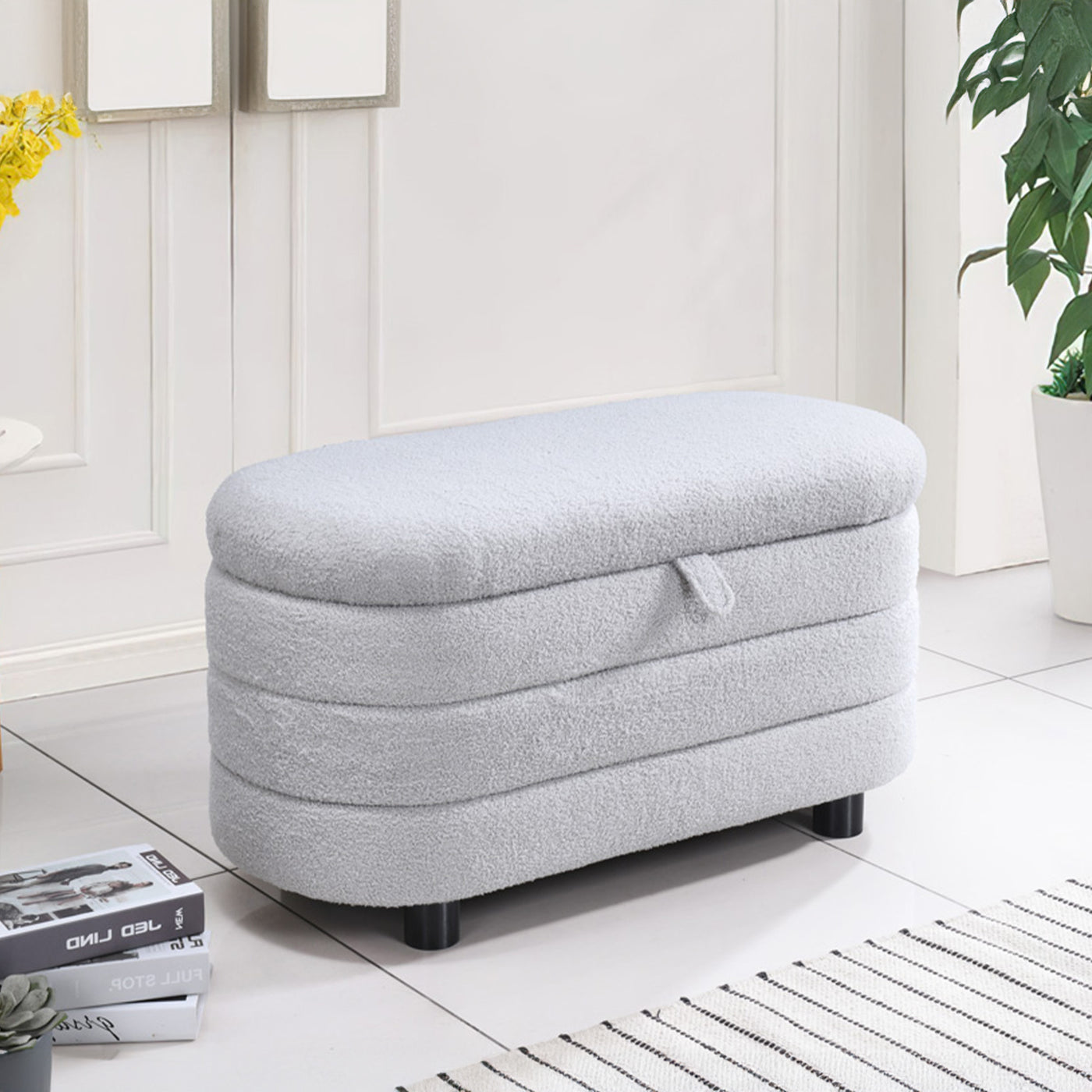 LUCY Banquette coffre en tissu effet peau de mouton gris