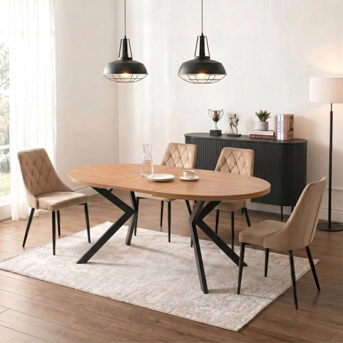 LUKAS Table à manger ronde extensible couleur bois clair pieds métal noir 100-250 cm