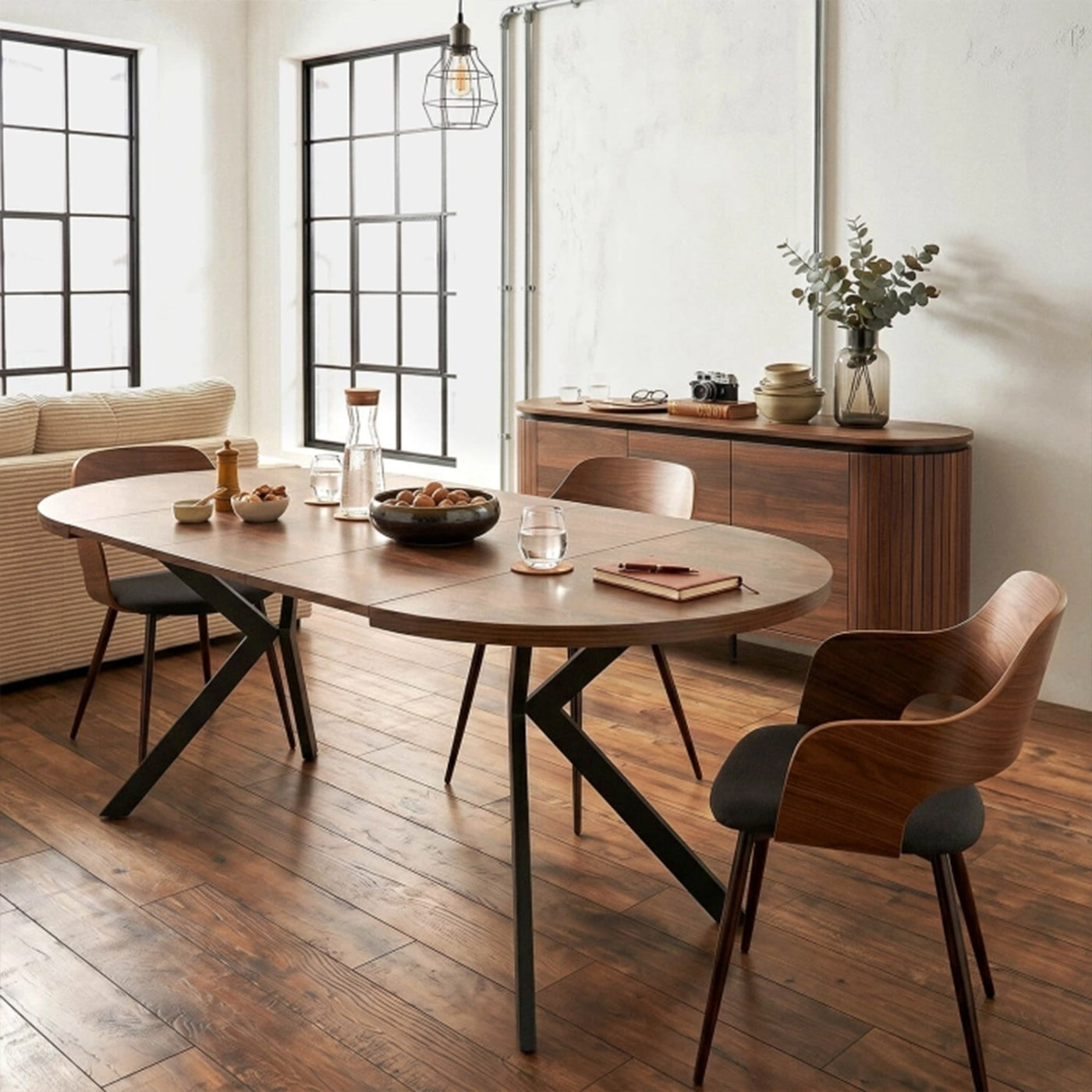 LUKAS Table à manger ronde extensible couleur bois foncé pieds métal noir 100-250 cm - Table à manger - Mobilier Deco
