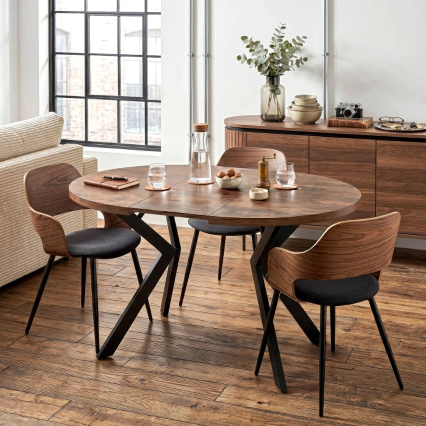 LUKAS Table à manger ronde extensible couleur bois foncé pieds métal noir 100-250 cm - Table à manger - Mobilier Deco