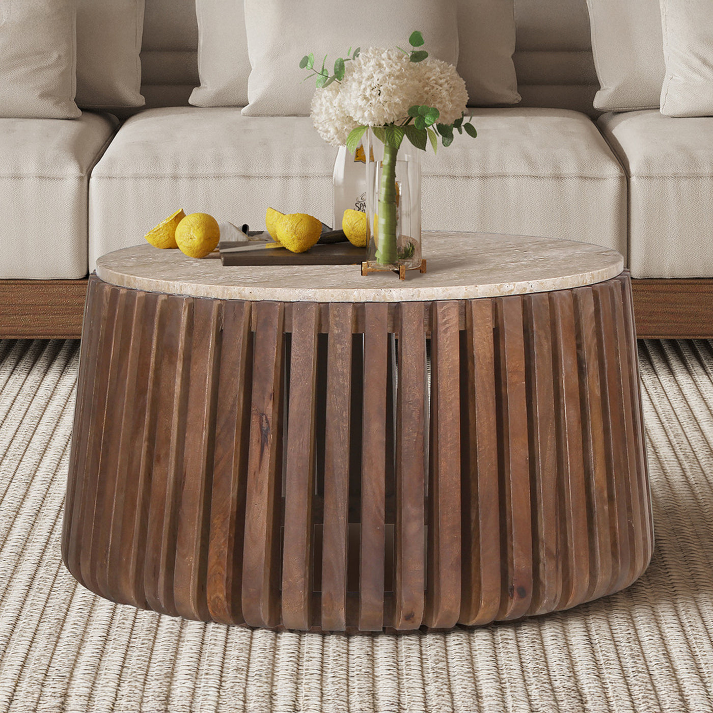LUUK Table basse en travertin et bois de manguier 70 cm