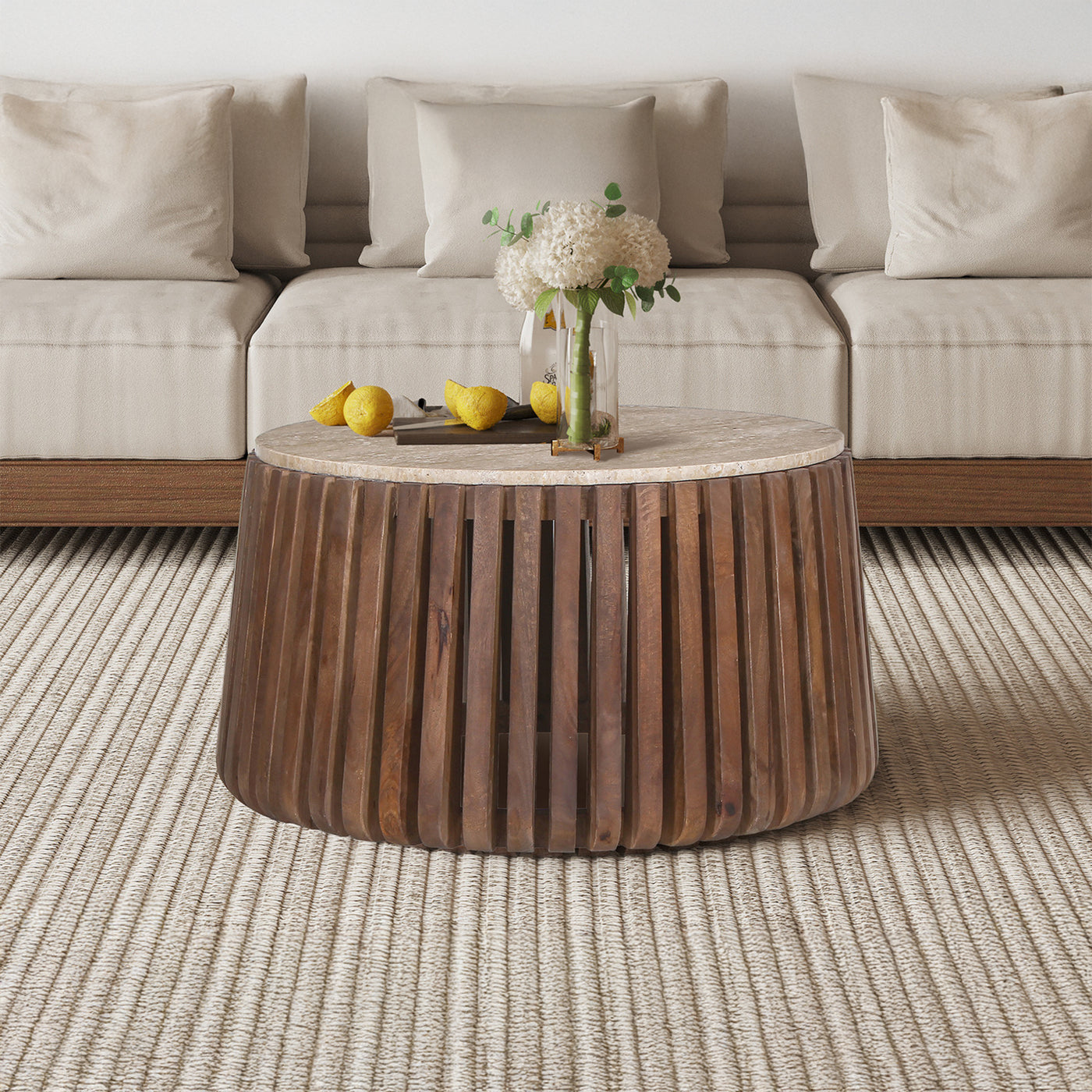 LUUK Table basse en travertin et bois de manguier 70 cm