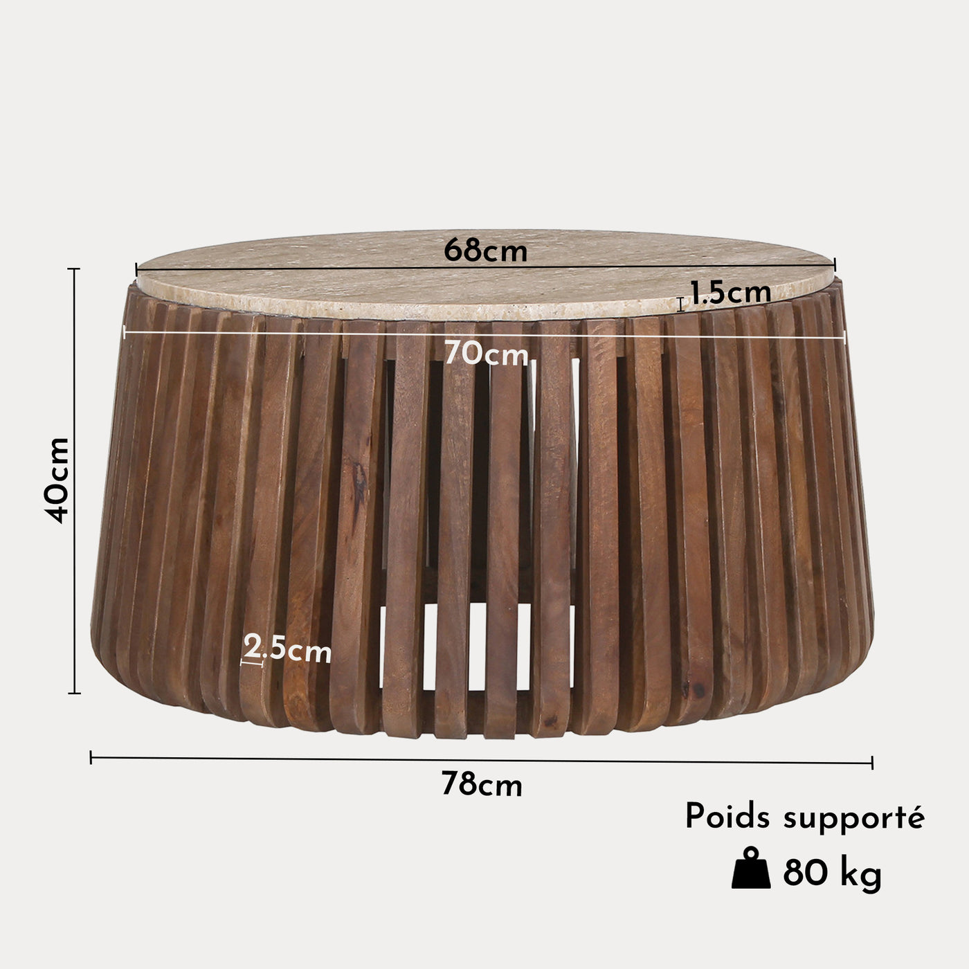 LUUK Table basse en travertin et bois de manguier 70 cm