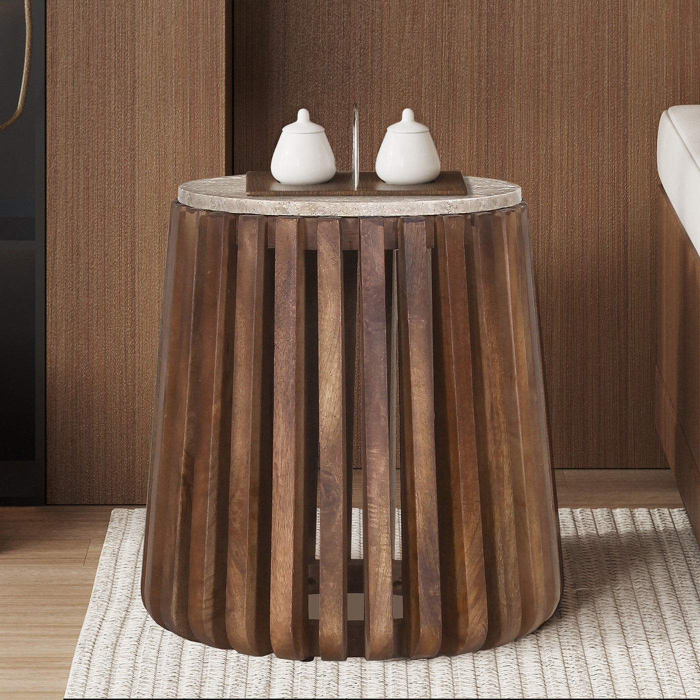 LUUK Table d'appoint en travertin et bois de manguier 40 cm