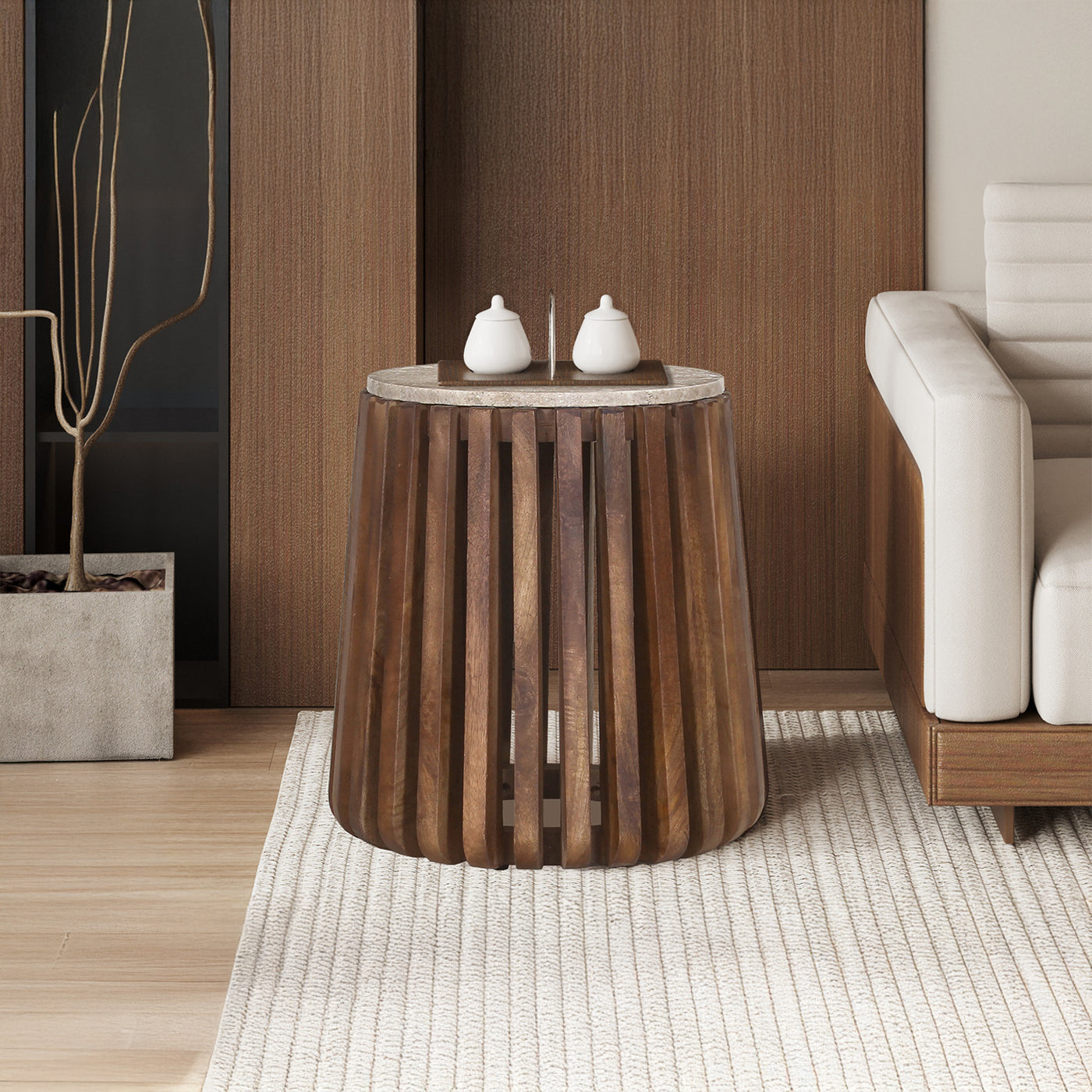 LUUK Table d'appoint en travertin et bois de manguier 40 cm