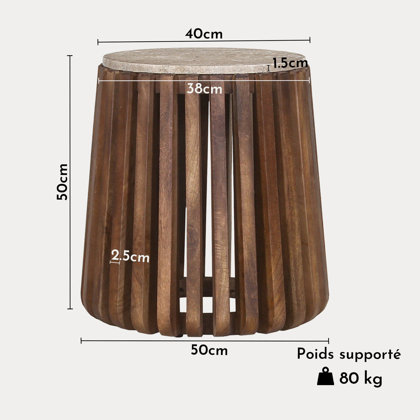 LUUK Table d'appoint en travertin et bois de manguier 40 cm