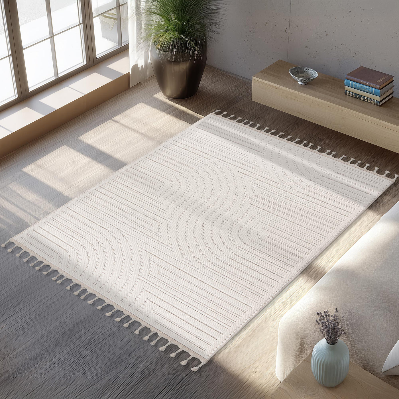 LUXOR 2 Tapis tissé à franges blanc écru - 160x230 cm