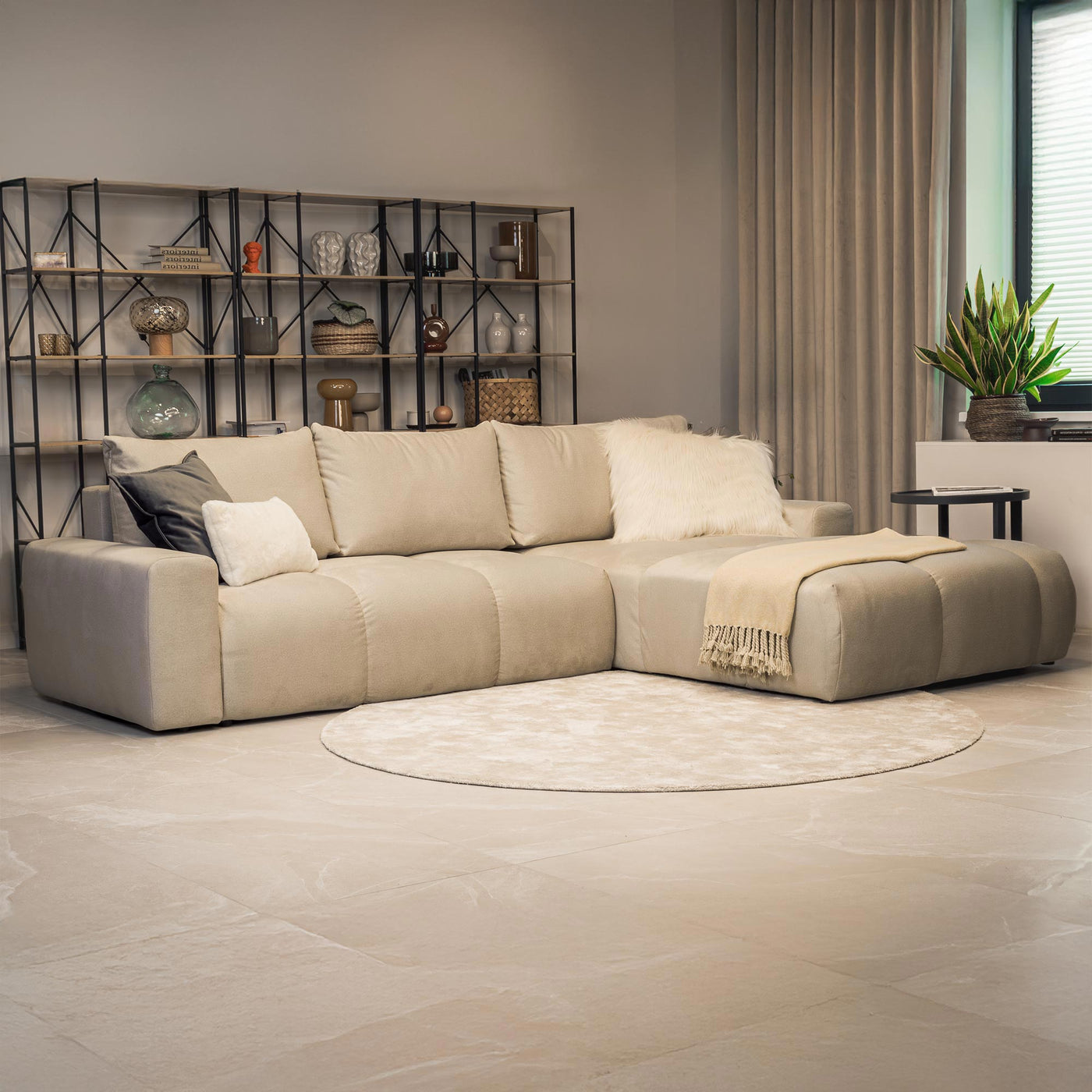 LYGIE Canapé d'angle convertible avec coffre en velours beige - Angle droit