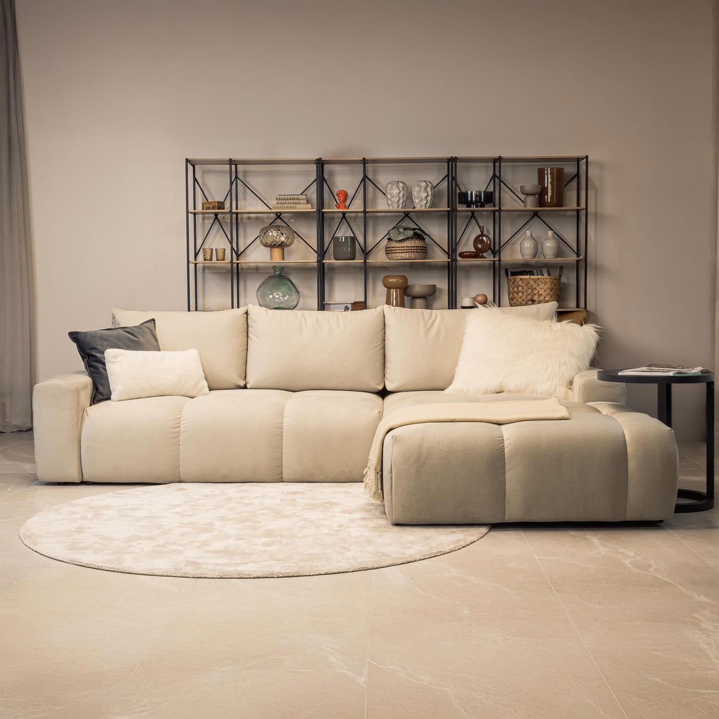 LYGIE Canapé d'angle convertible avec coffre en velours beige - Angle droit