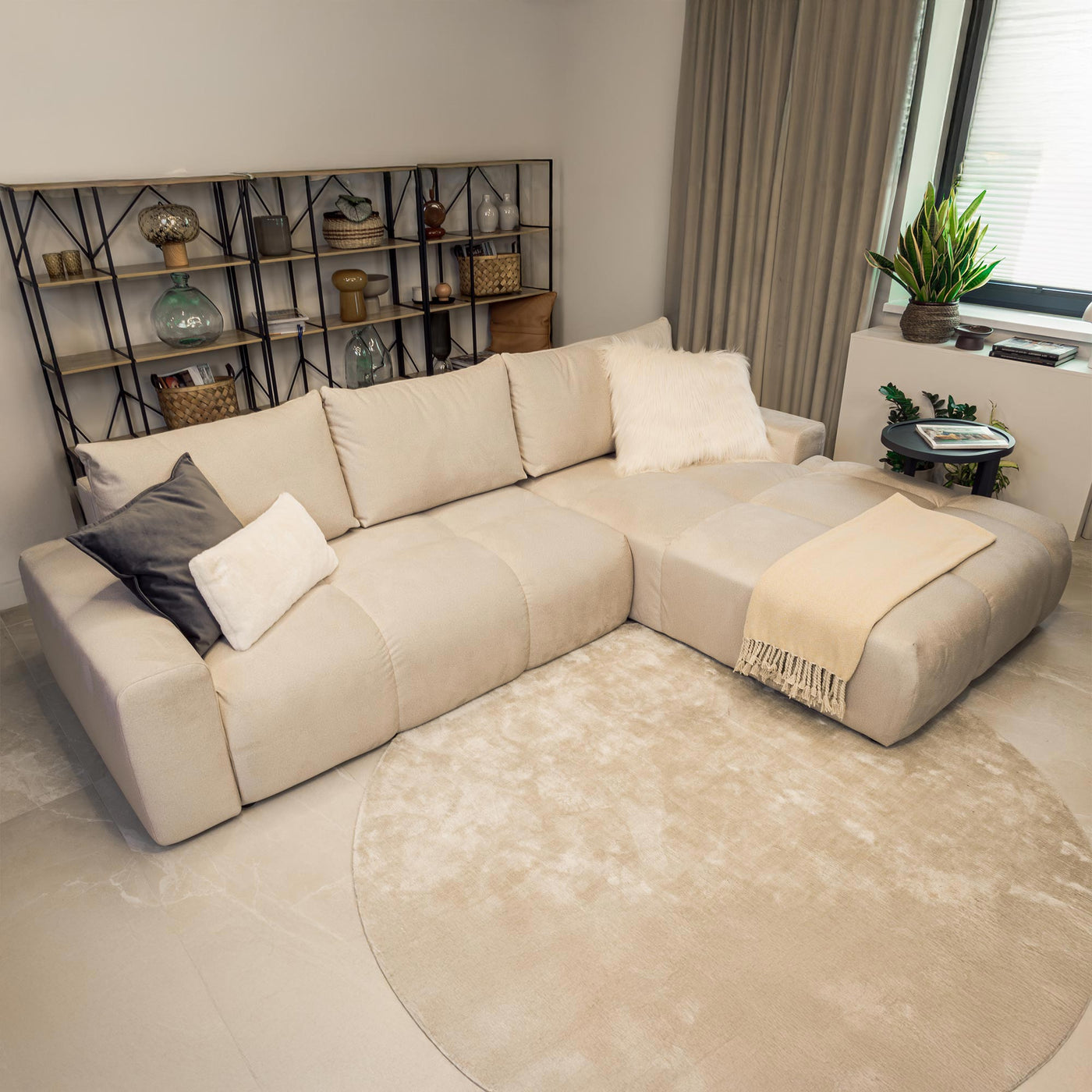 LYGIE Canapé d'angle convertible avec coffre en velours beige - Angle droit