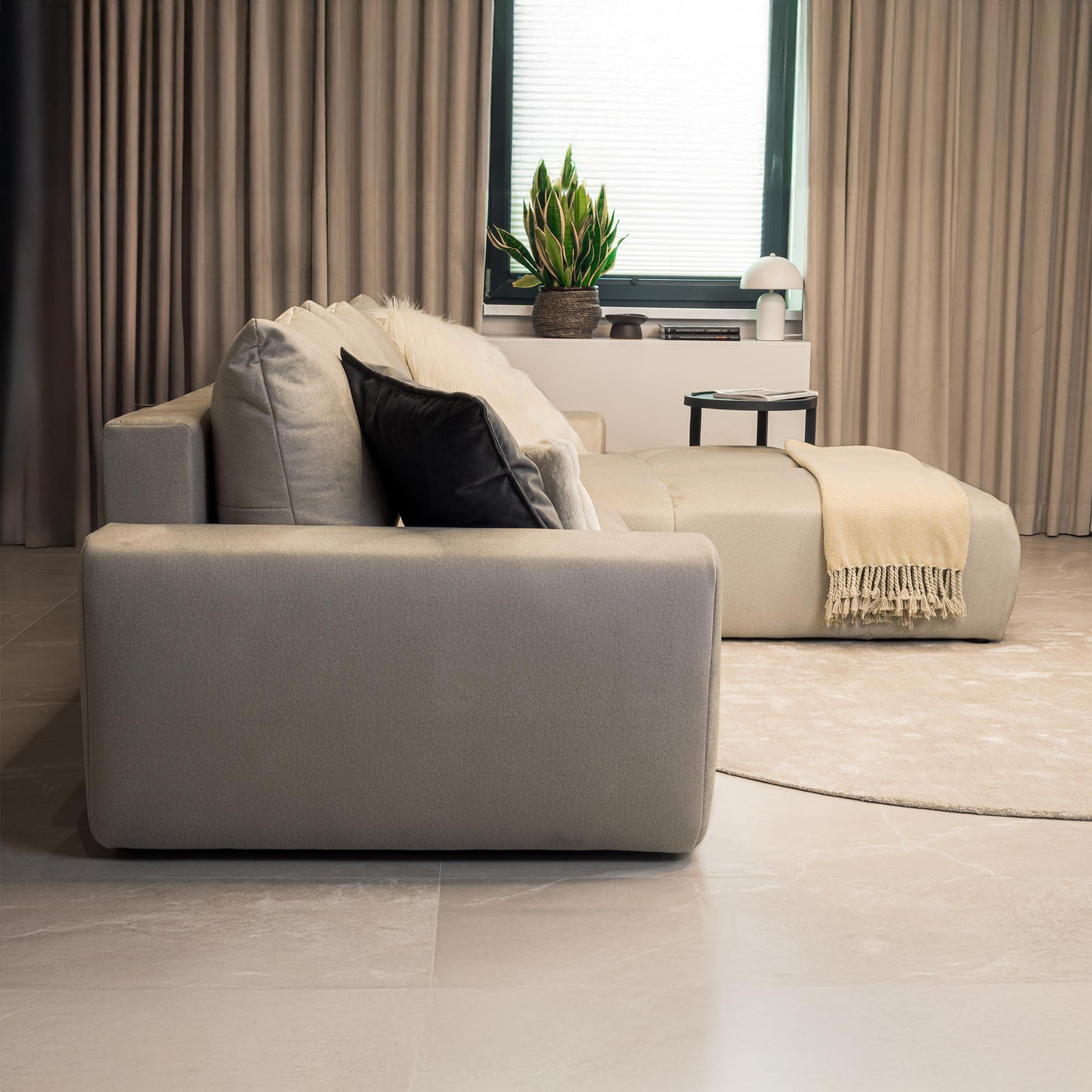 LYGIE Canapé d'angle convertible avec coffre en velours beige - Angle droit