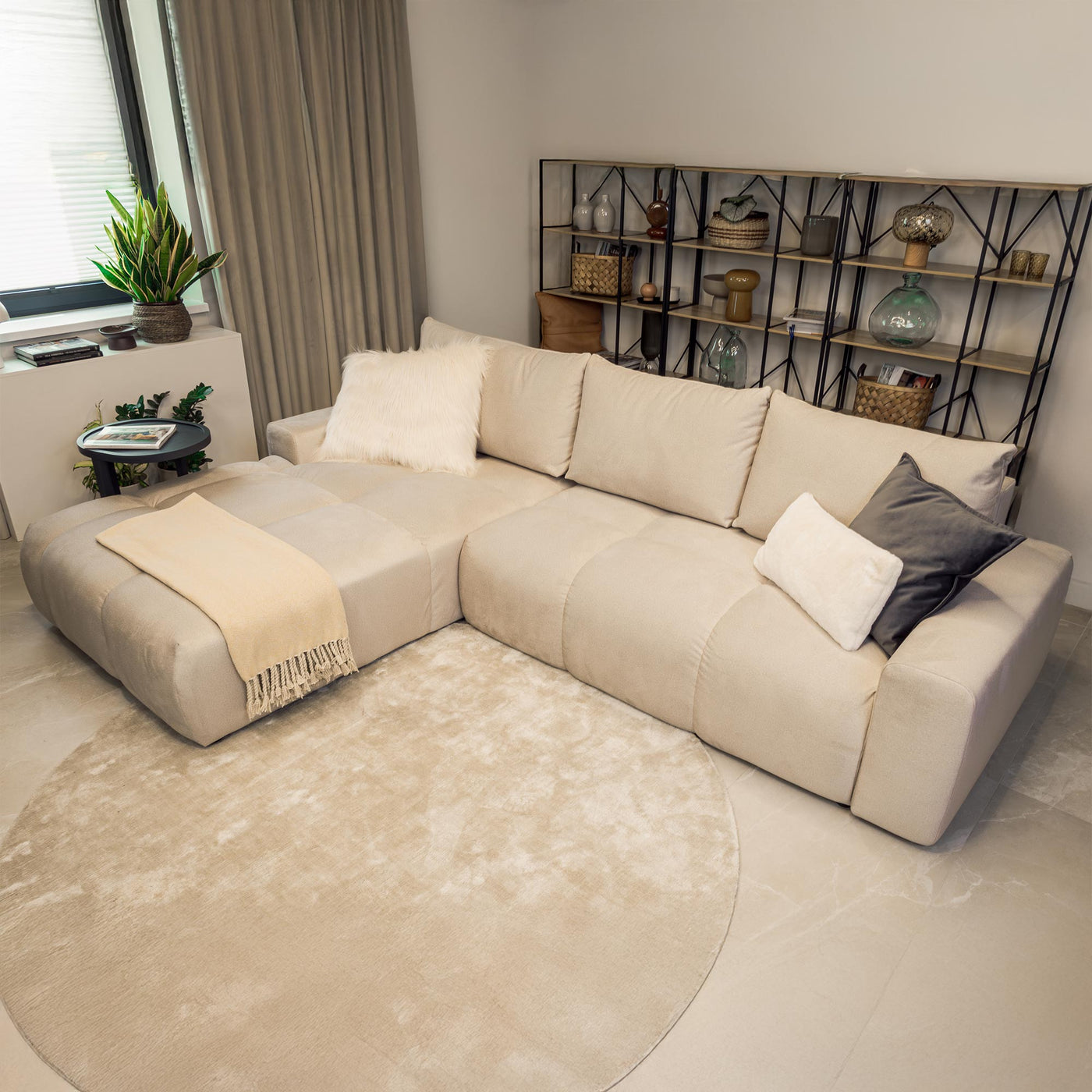 LYGIE Canapé d'angle convertible avec coffre en velours beige - Angle gauche