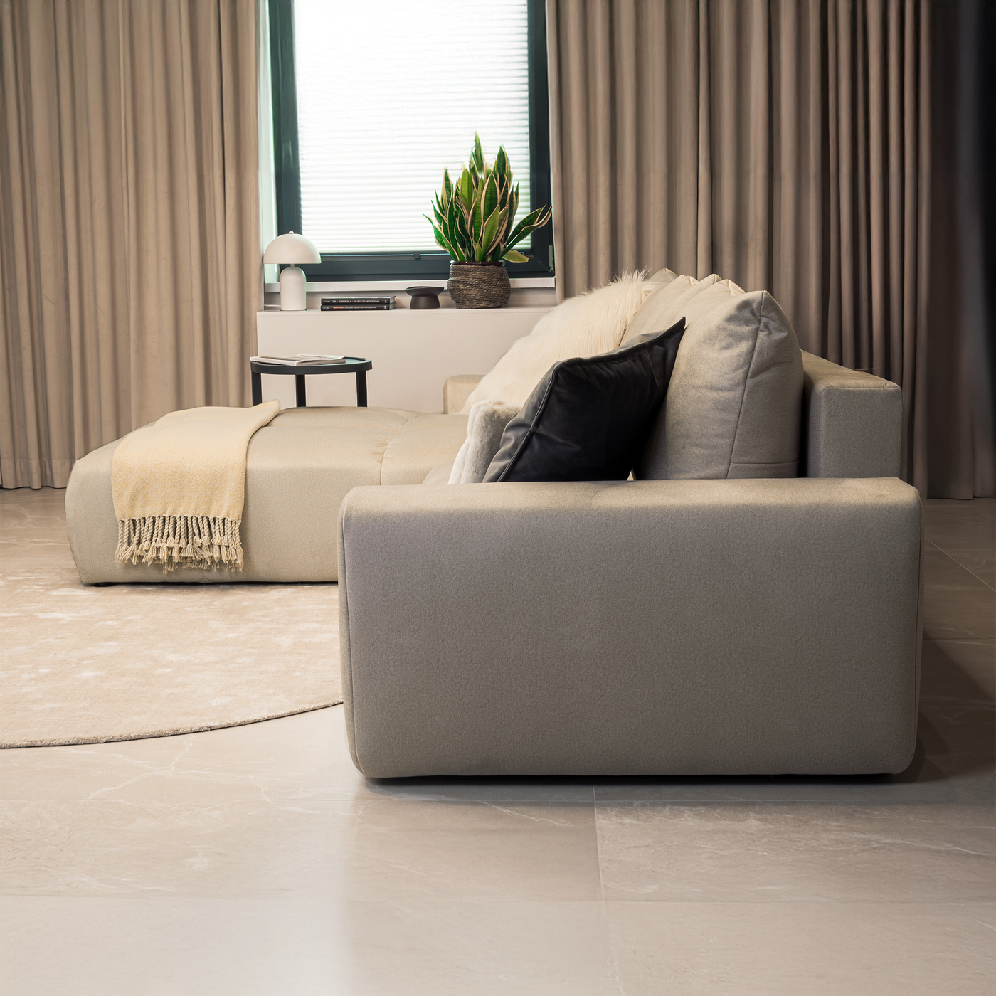 LYGIE Canapé d'angle convertible avec coffre en velours beige - Angle gauche