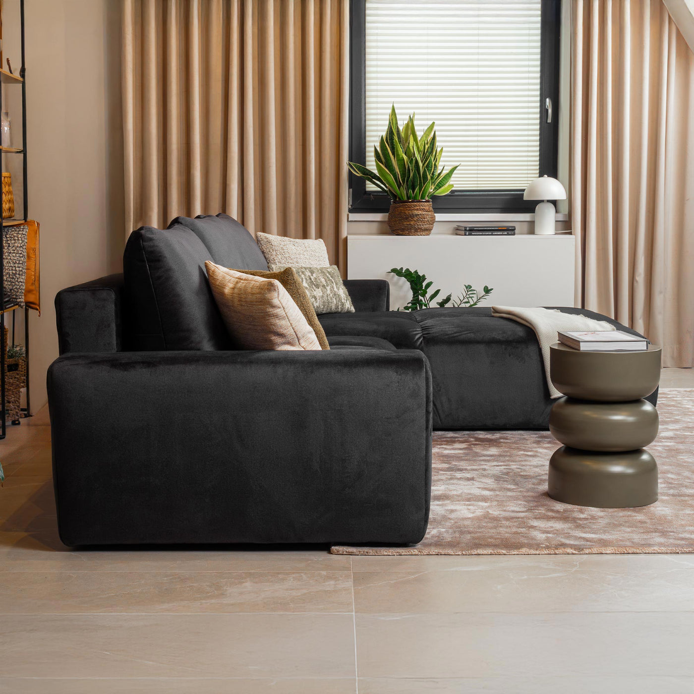 LYGIE Canapé d'angle convertible avec coffre en velours gris foncé - Angle droit
