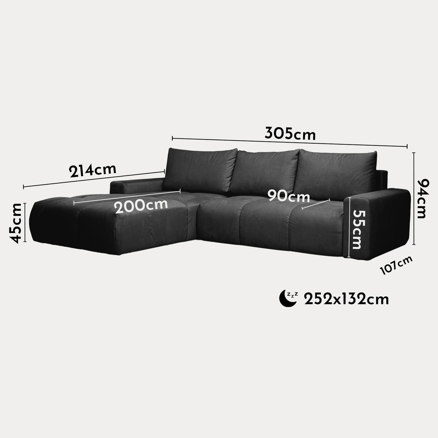 LYGIE Canapé d'angle convertible avec coffre en velours gris foncé - Angle gauche