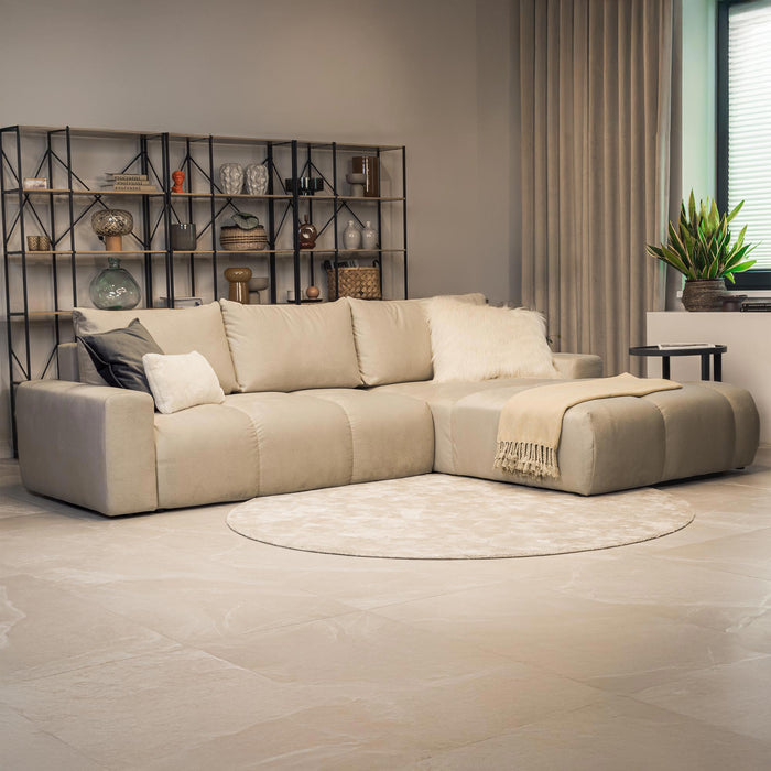 LYGIE Canapé d'angle convertible avec coffre en velours beige - Angle droit