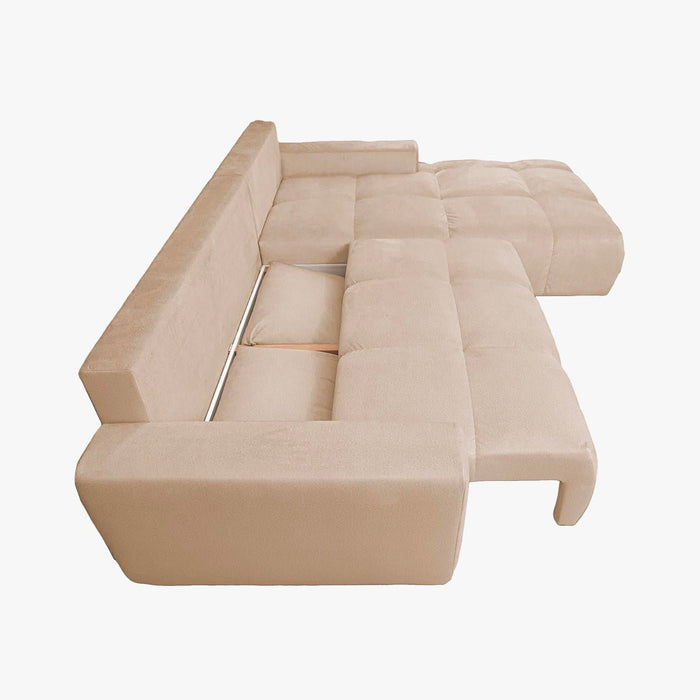 LYGIE Canapé d'angle convertible avec coffre en velours beige - Angle droit
